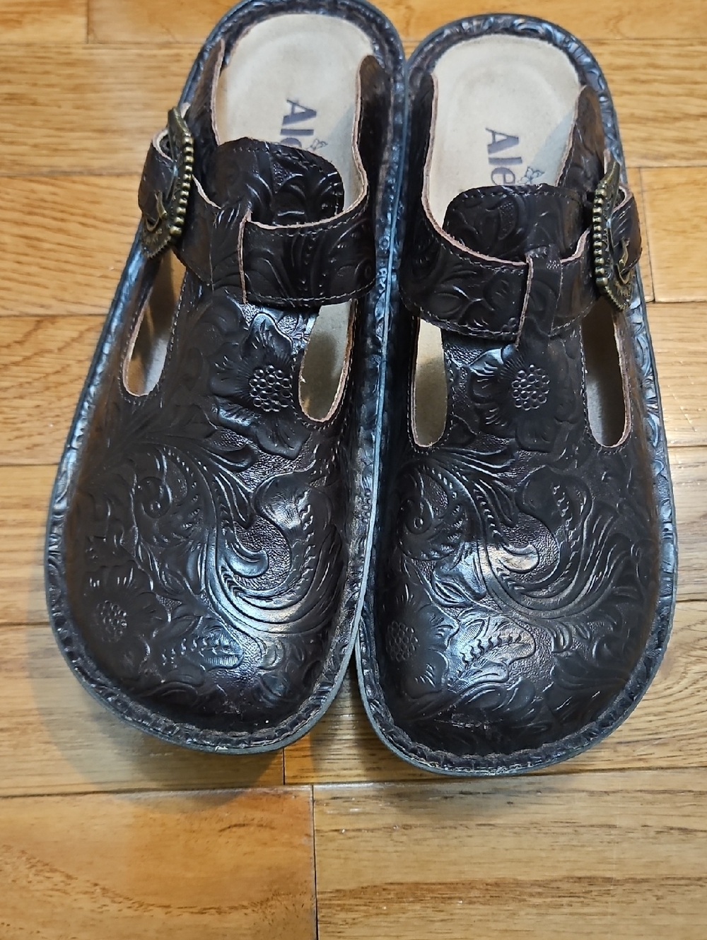 Alegria Dark Brown Floral Embossed Leather Clogs with Buckle